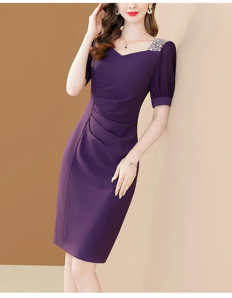 Purple Embroidered A Line Dress For Office And Party