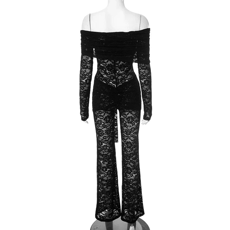 Solid Color Smocked Lace Splicing See-Through Strappy Jumpsuit Pants Sexy Nightclub Evening Party Outfit for Women