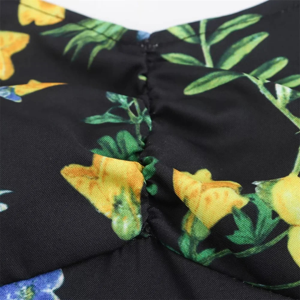 Open Back Midi Dress With Flower Print Strappy Detail