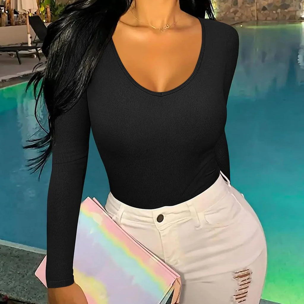 Women's Sexy Knitted Slim Fit Crew Neck Long Sleeve Jumpsuit Bodysuit with Leggings Soft Stretchy Lightweight Underwear Top for Casual and Party Wear