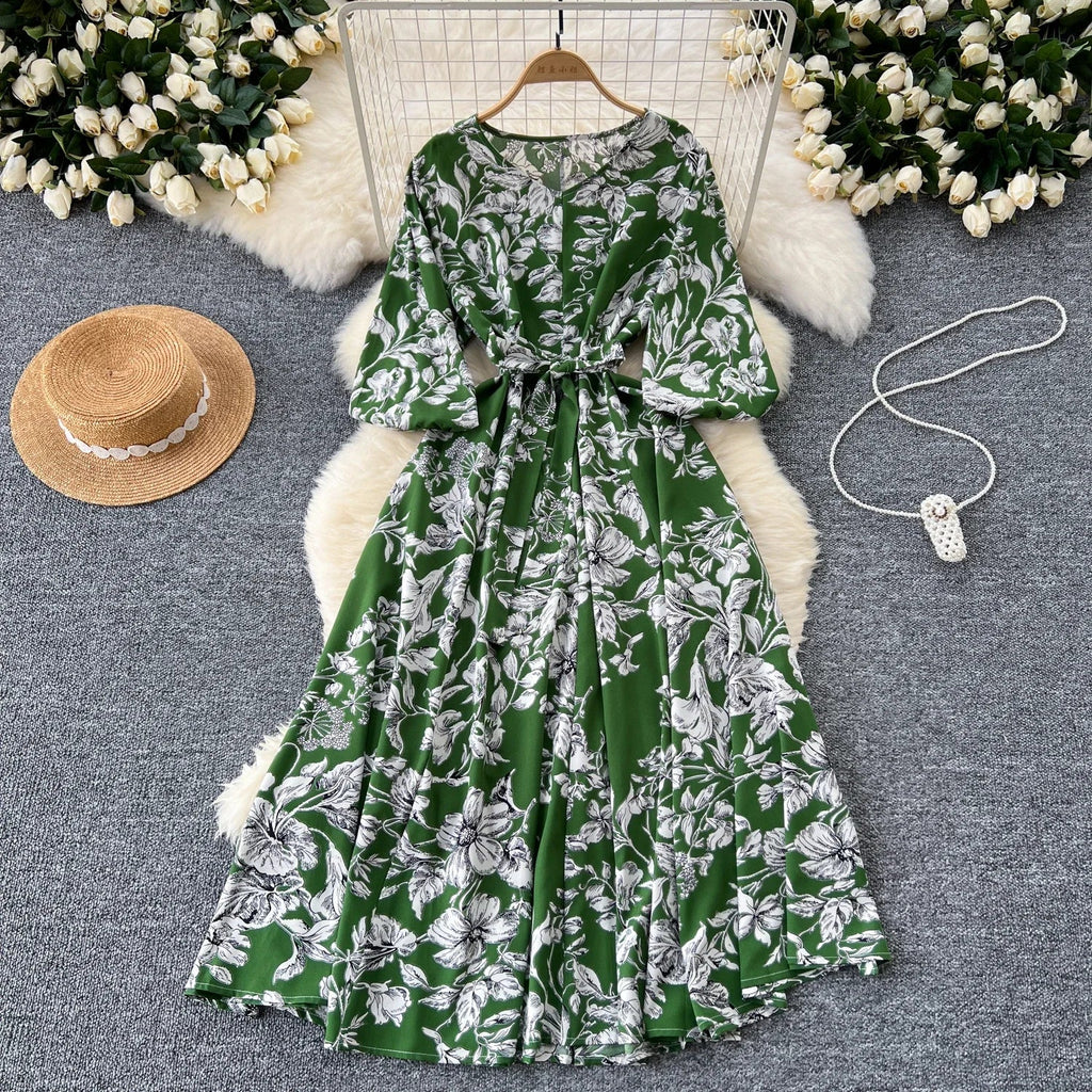 Boho Floral Print Pleated Maxi Dress With Puff Sleeves Belt