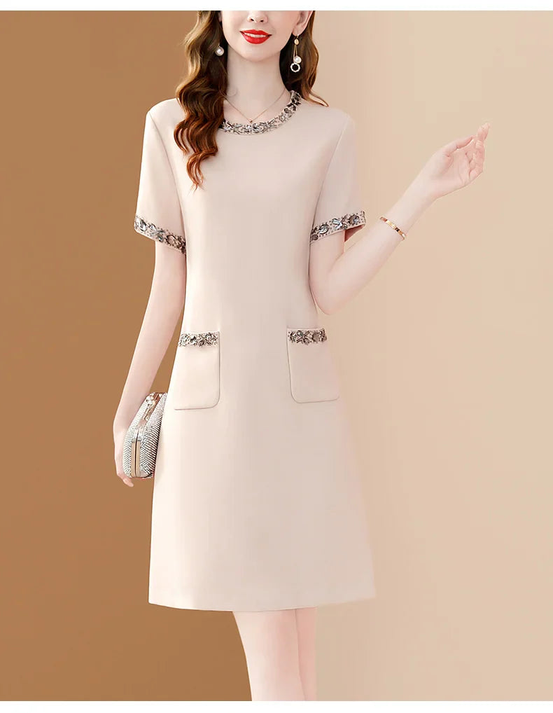 Elegant O Neck Embroidered A Line Dress For Women Office
