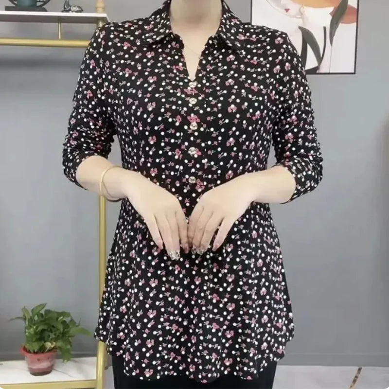 Elegant Autumn Polo Neck Floral Blouse for Women Thin Long Sleeve Vintage Printed Shirt with Button Detail