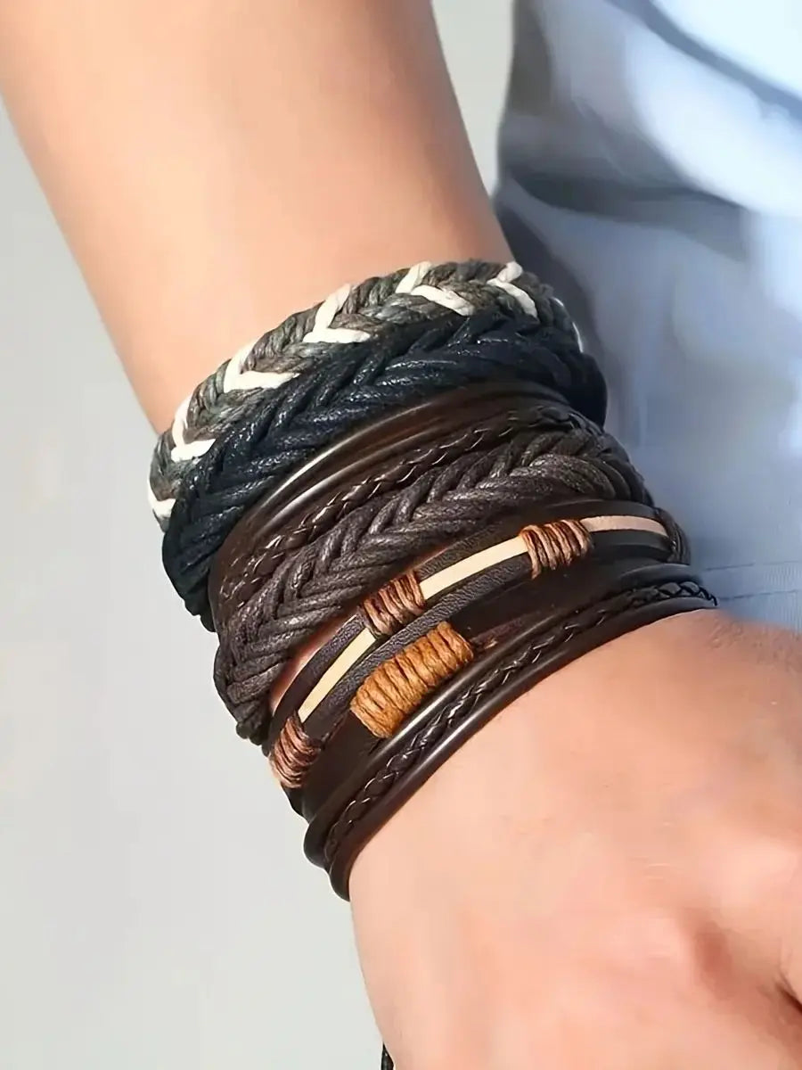 40Pcs Braided Leather Bracelets Set for Men and Women with Wooden Beads Adjustable Cuff Wristbands and Ethnic Tribal Designs