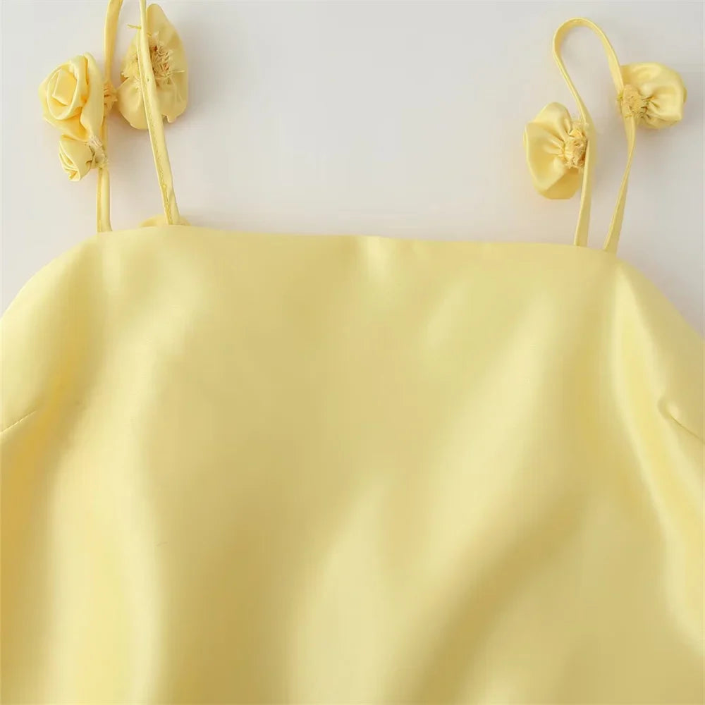 Three Dimensional Flower Satin Strap Skirt For Casual Wear