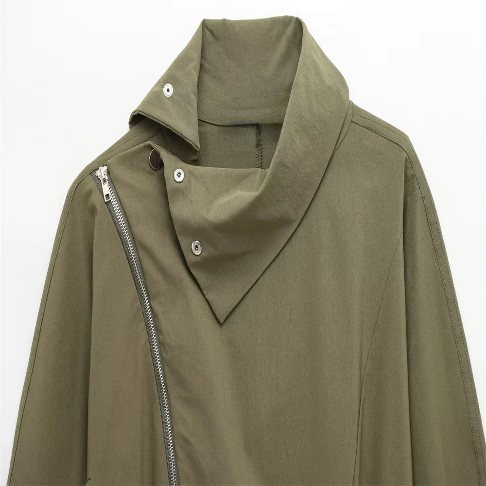 Olive Green Cowl Neck Asymmetric Zip Jacket with Elastic Waist Wide Leg Cargo Pants Set for Trendy Women's Fashion