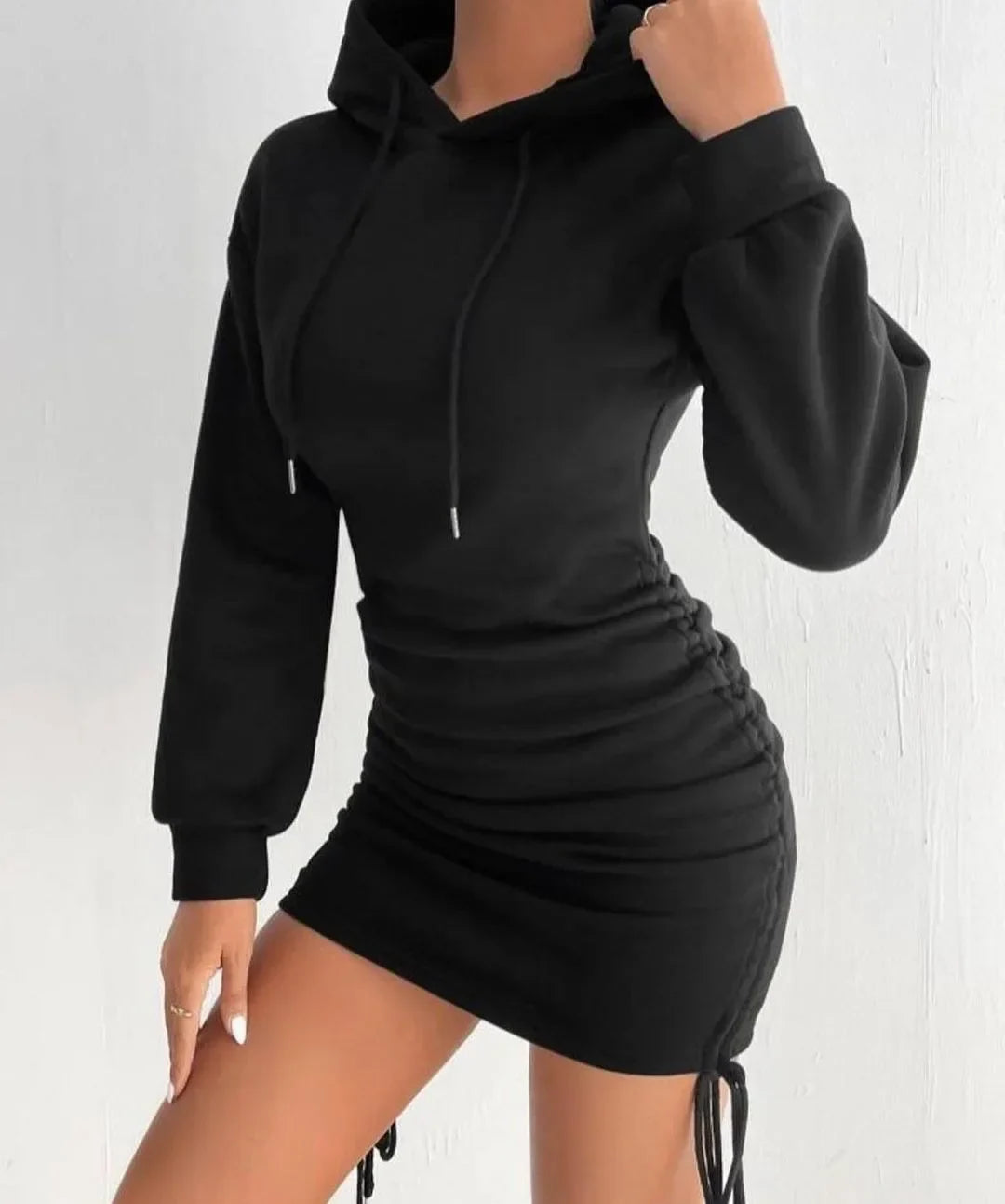 Hoodie Dress With Drawstring Ruched Drop Shoulder For Women
