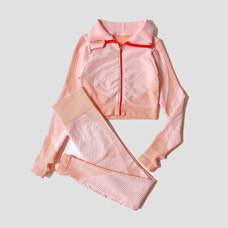 Seamless Women Yoga Suit with High Waist Leggings and Long Sleeve Crop Top Fitness Set