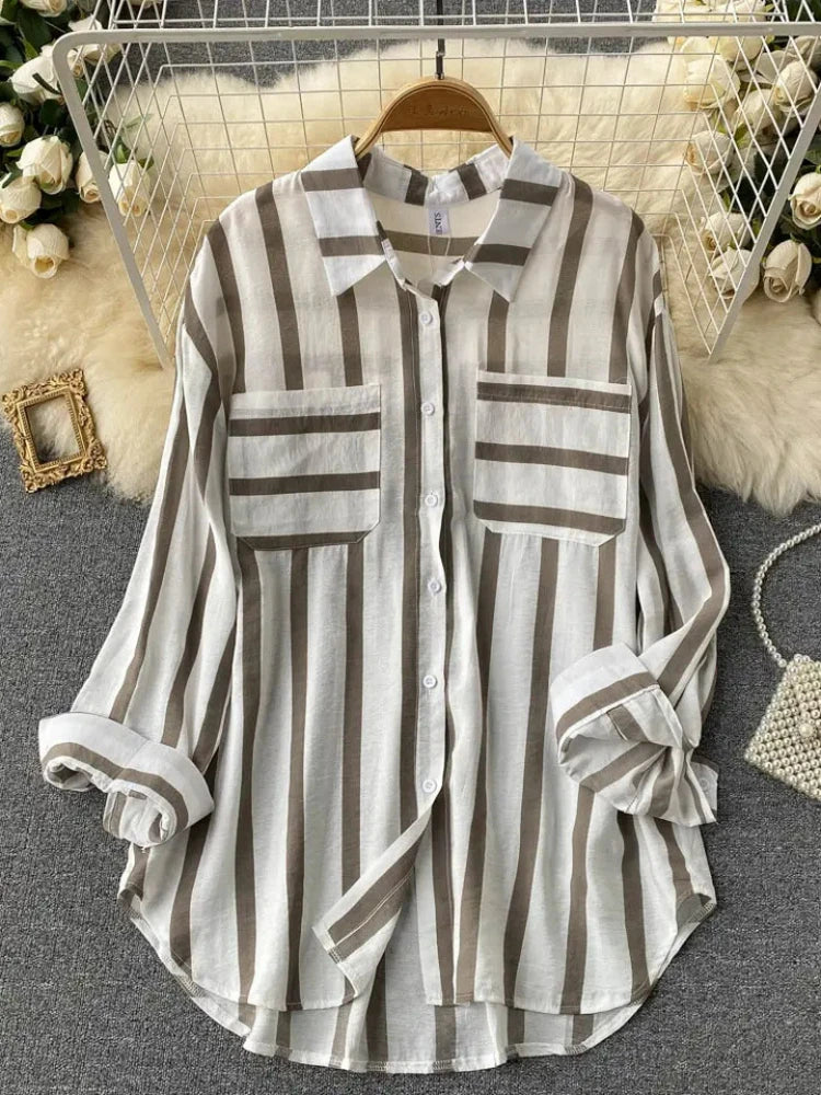 Elegant Medium Length Vertical Stripe Shirt Jacket for Women Casual Loose Fitting Korean Style Blouse