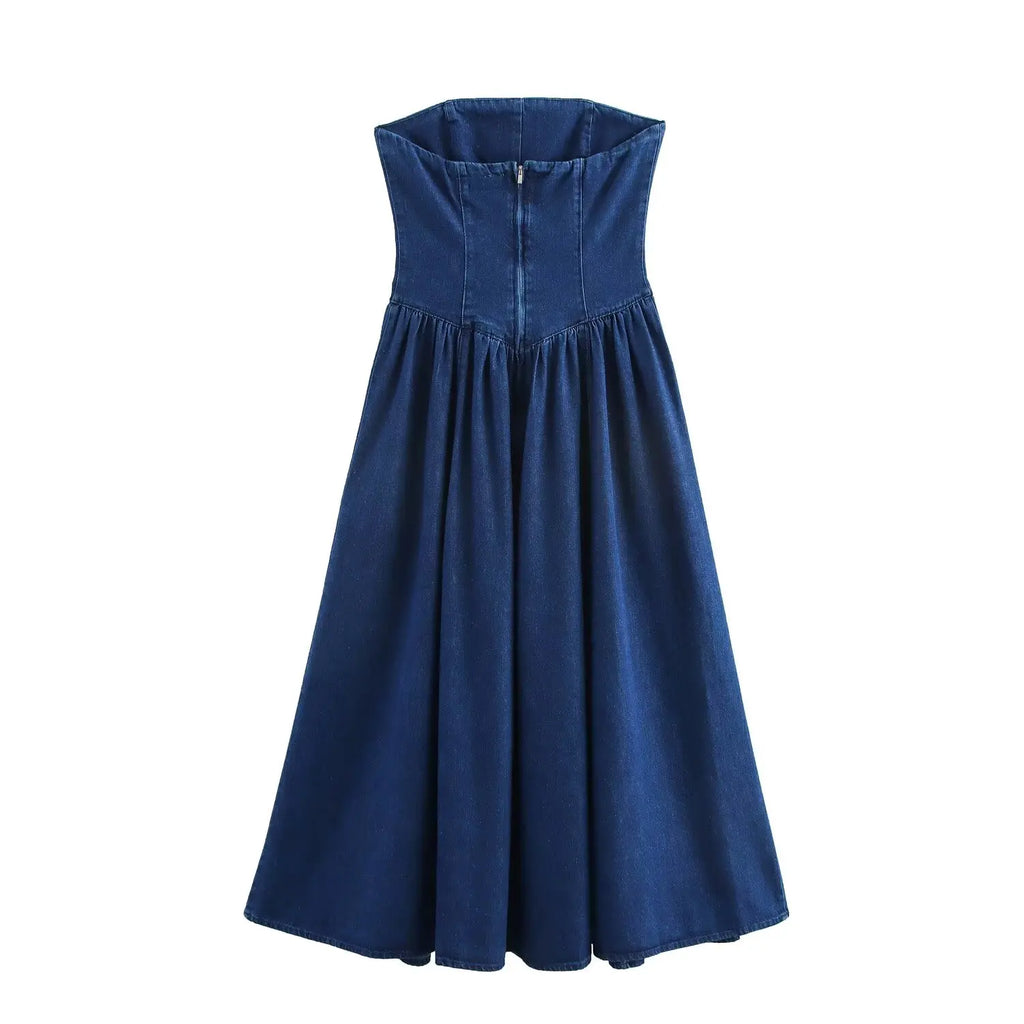 Strapless Denim Dress With Fitted Bodice And Pleated Skirt