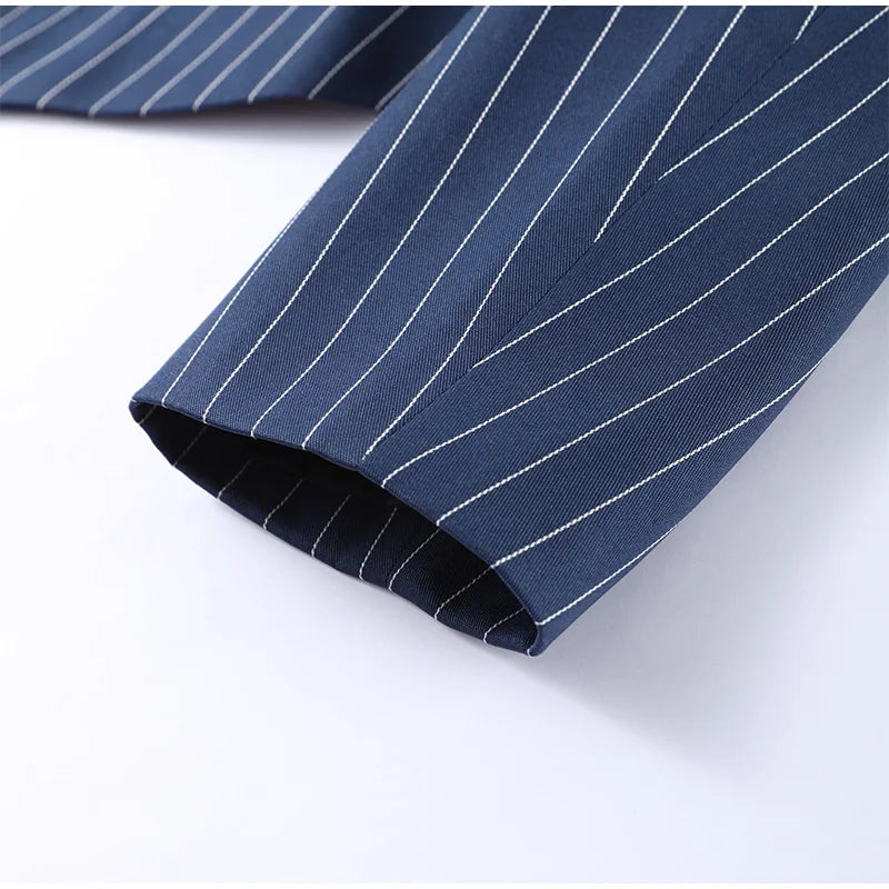 Women's Street Striped Blazer and Skirt Set Slim V-Neck Single Breasted Coat with Ribbon Accent Hip-Hugging Package Skirt Chic Spring Summer Outfit