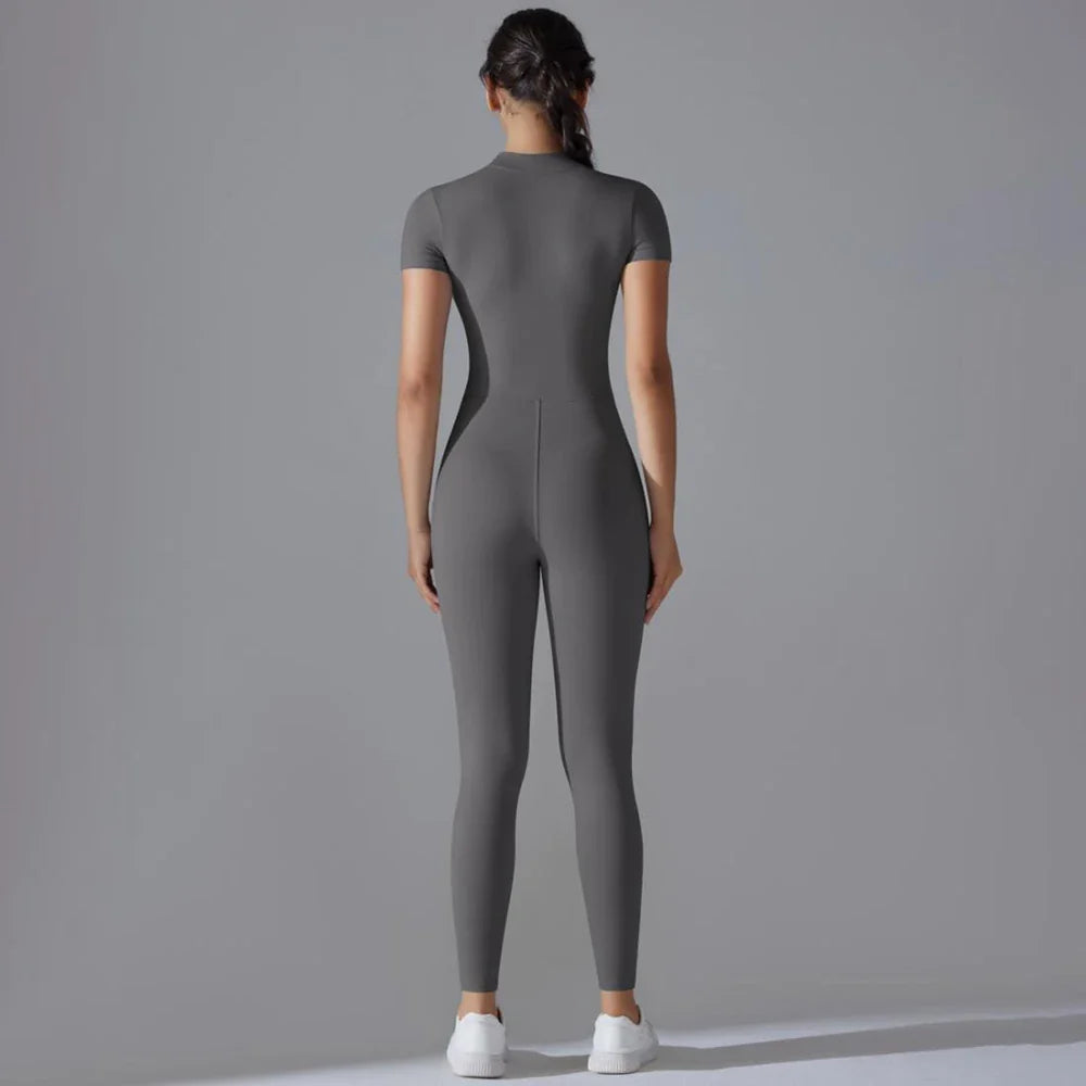 Womens Short Sleeve Yoga Jumpsuit Slim Fit Stretch One Piece Romper with Front Zipper Sexy Fitness Activewear Basic Sportwear in Black