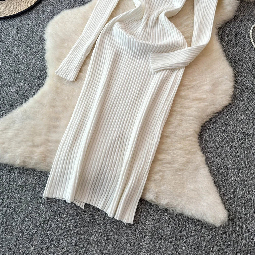 White Long Sleeve V Neck Lace Up Elegant Dress For Women