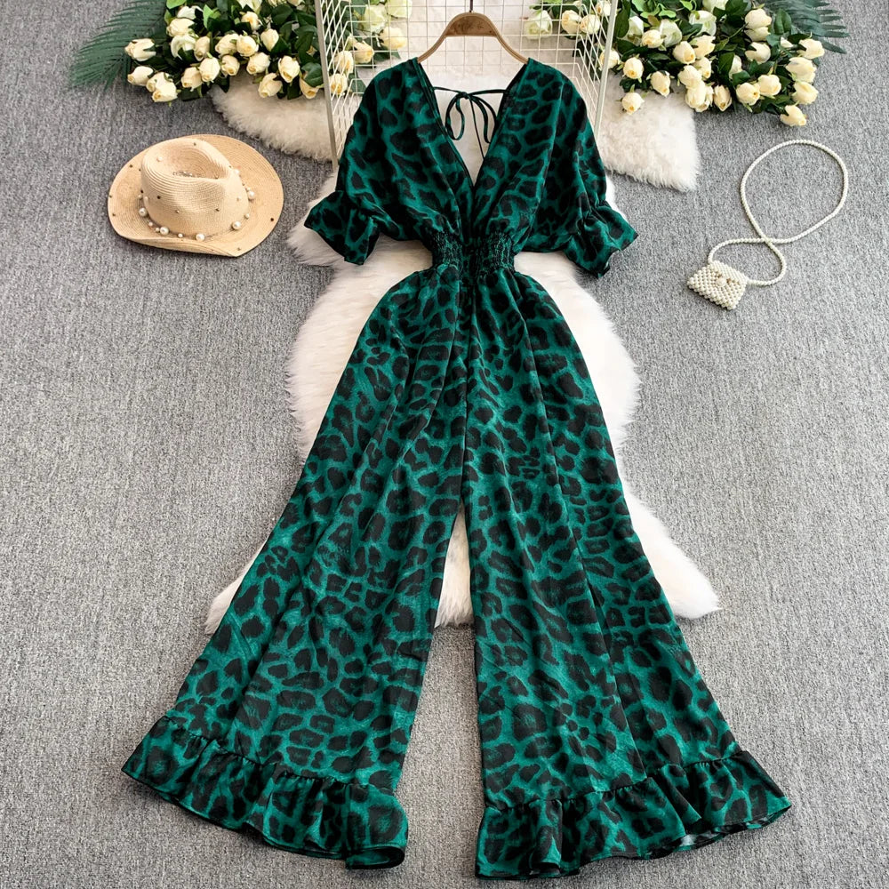 Women's Summer V-Neck Leopard Print Lace-Up Jumpsuit Short Sleeve Loose Fit Playsuit Overalls with Elegant Ruffle Detail