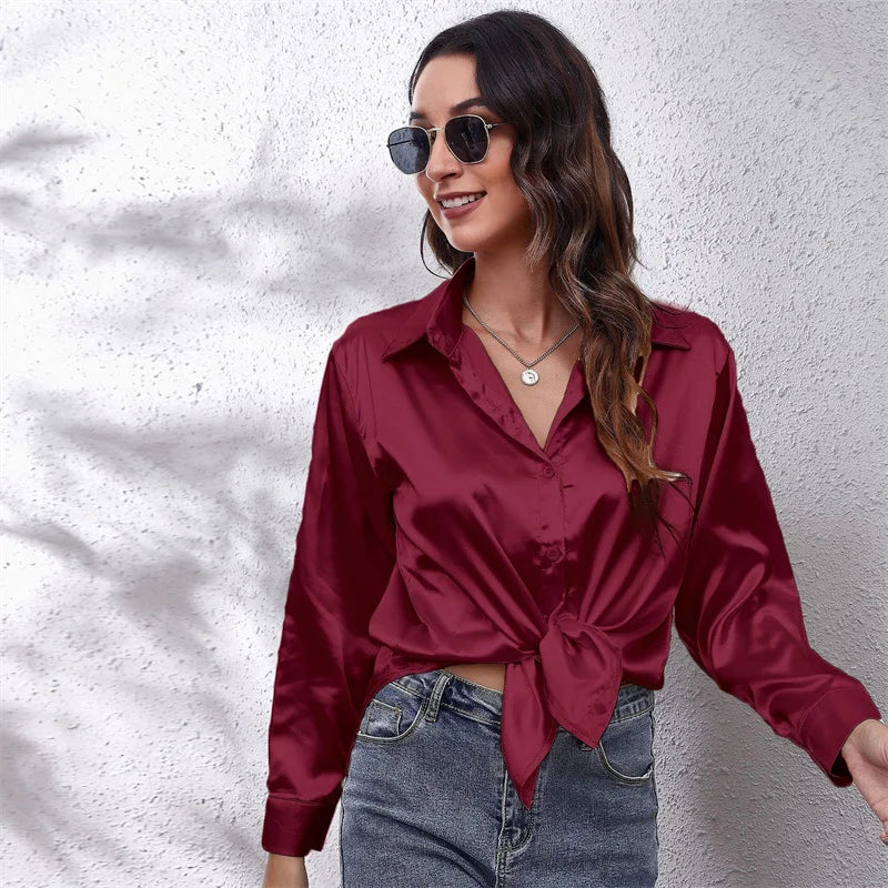 Women's Loose Satin Blouse Button Up Shirt Long Sleeve Imitation Silk Spring Top