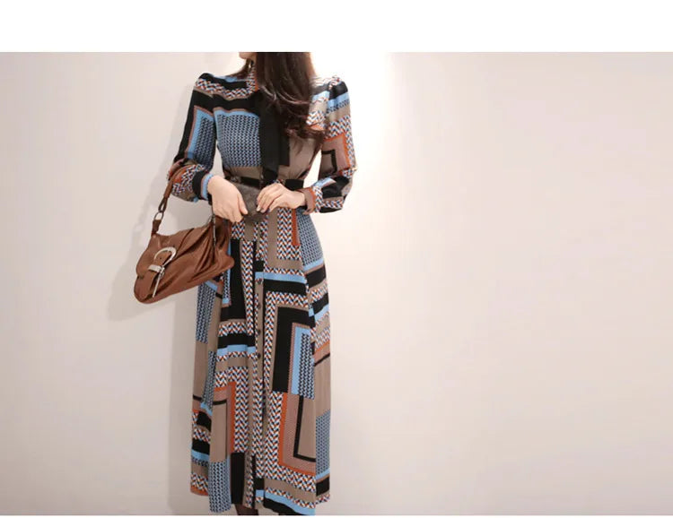 Vintage Print Long Shirt Dress For Women Ankle Length