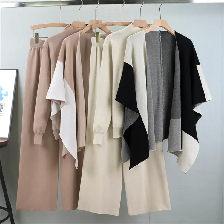 Elegant Knitted Three-Piece Suit for Women - Cozy Autumn Winter Knit Top with Wide Leg Pants and Stylish Shawl Set