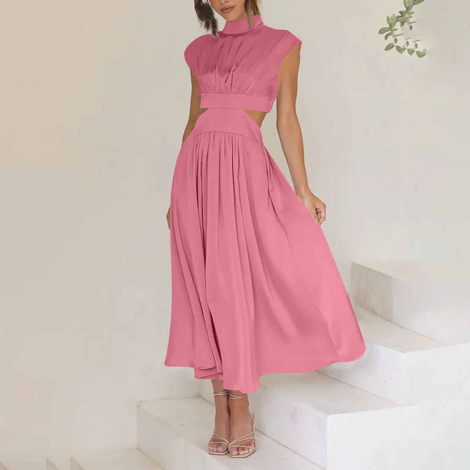Solid Color High Waist Maxi Dress Sleeveless With Pockets
