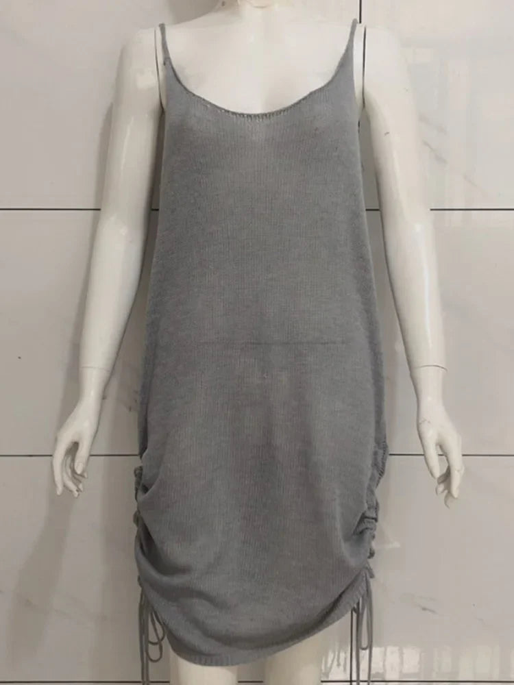 Women Knitted Bodycon Spaghetti Strap Mini Dress Solid