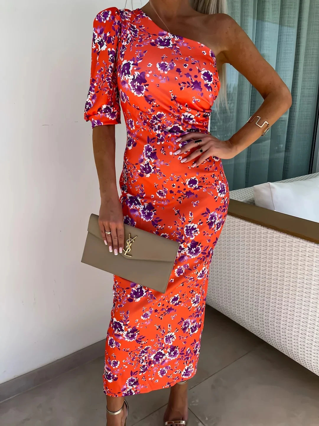 High Waist Off Shoulder Party Dress Asymmetrical Print