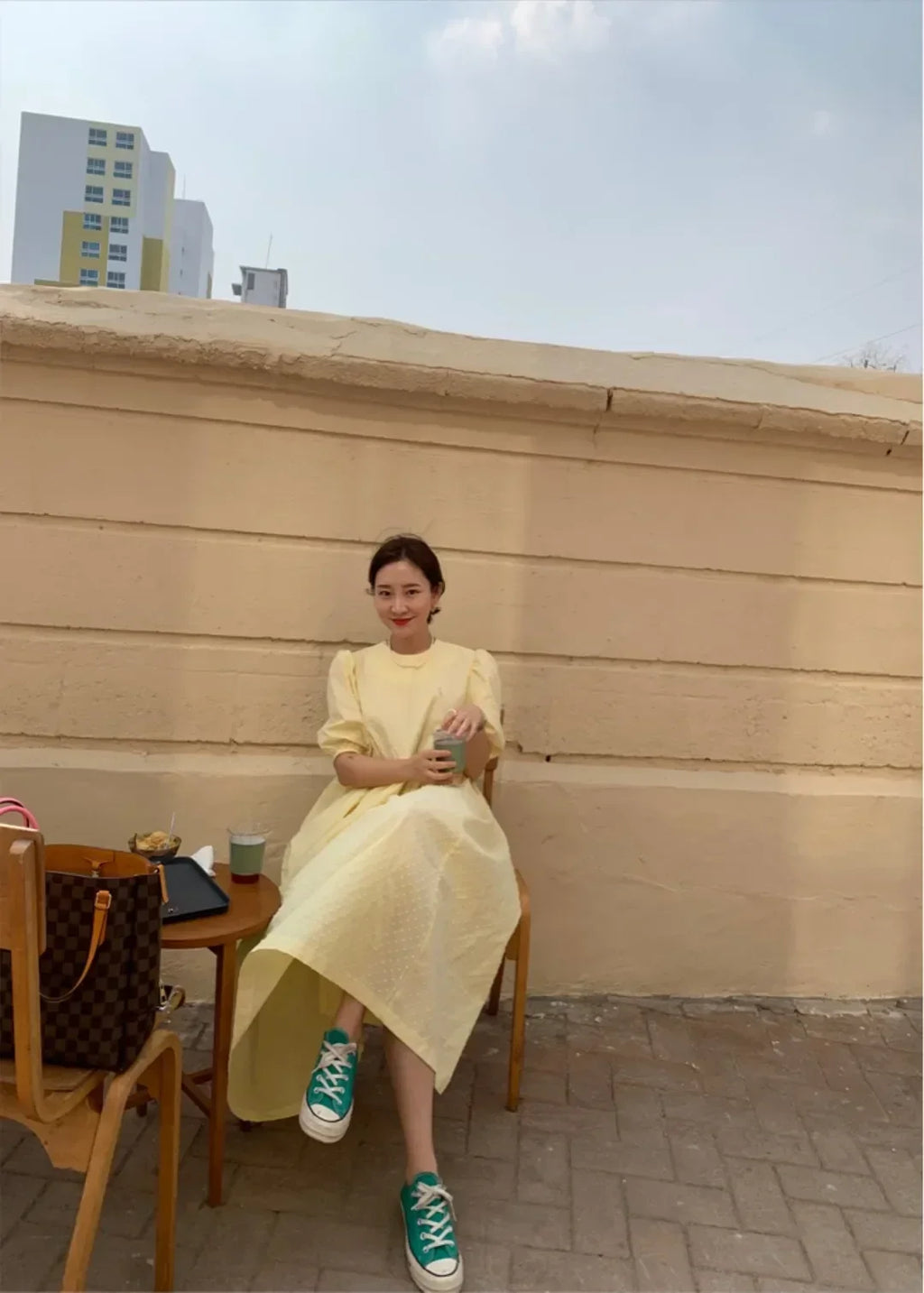 Women Polka Dot Puff Sleeve Long Dress Casual Party