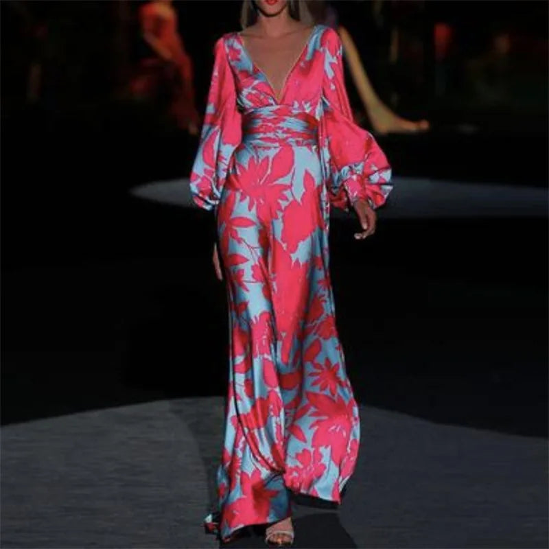 Printed Womens V Neck Lantern Sleeve Long Evening Dress
