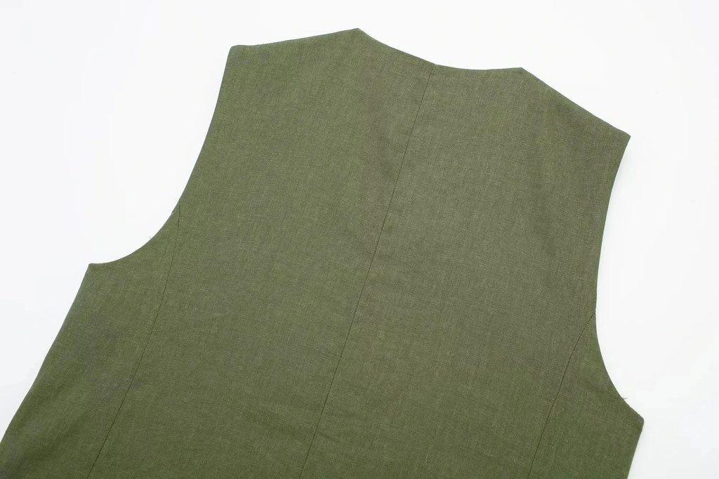Casual Linen Sleeveless V-Neck Vest for Women Single Breasted Office Fashion Lightweight Linen Top