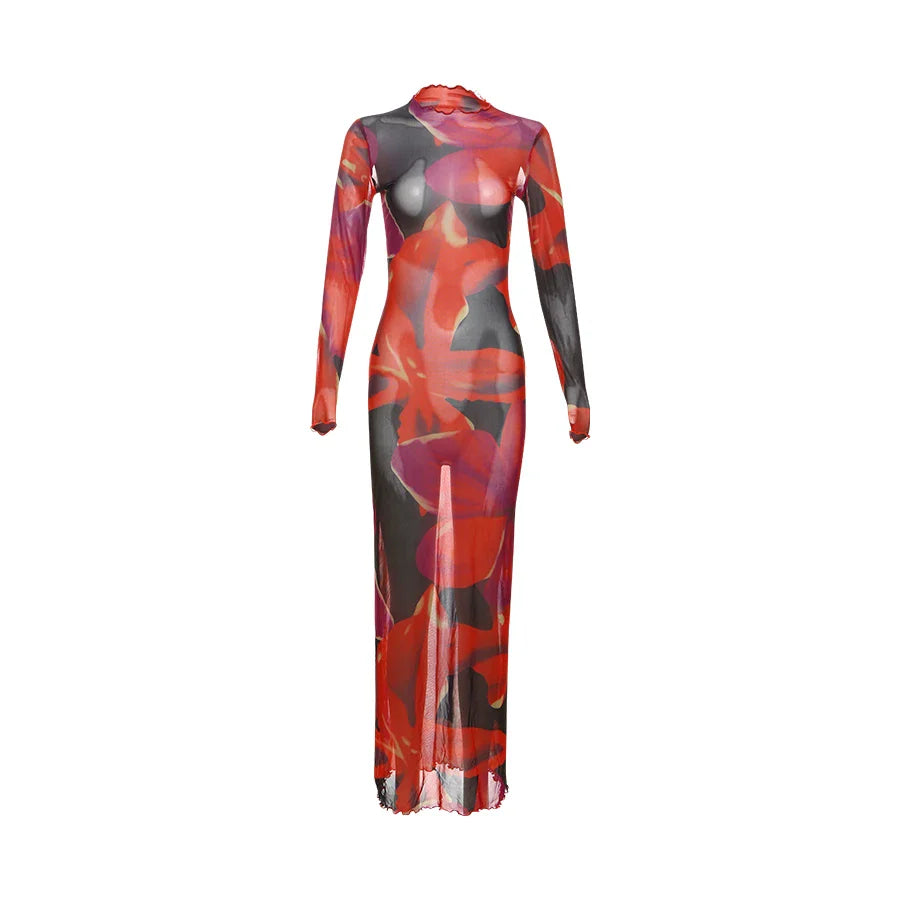 Colorful Print Velvet Bodycon Dress Women Long Sleeve