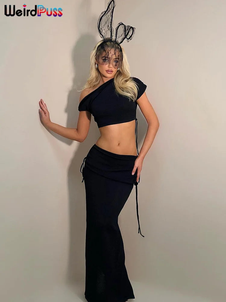 Weird Puss Skew Collar Elegant Women Two Piece Set Stretch Short Sleeve Crop Top and Bandage Maxi Skirt Matching Outfit