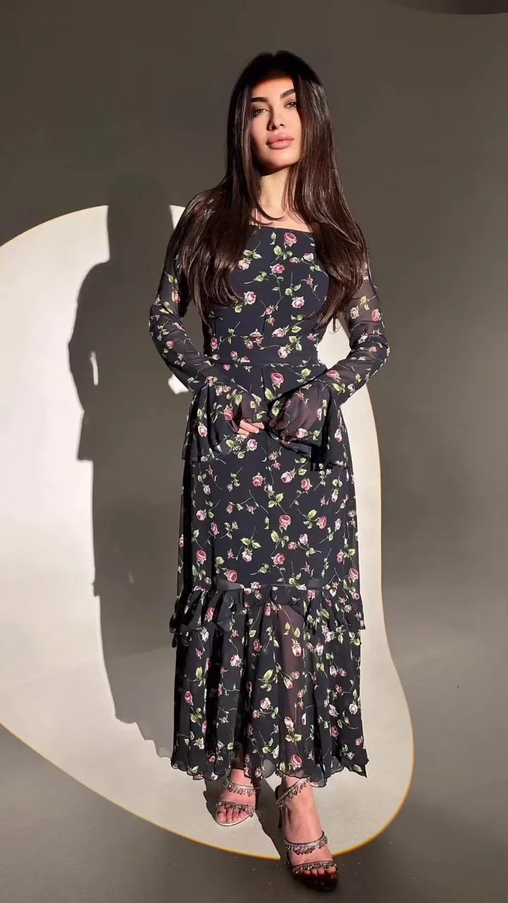 Elegant Printed Chiffon Maxi Dress With Lotus Sleeve Details