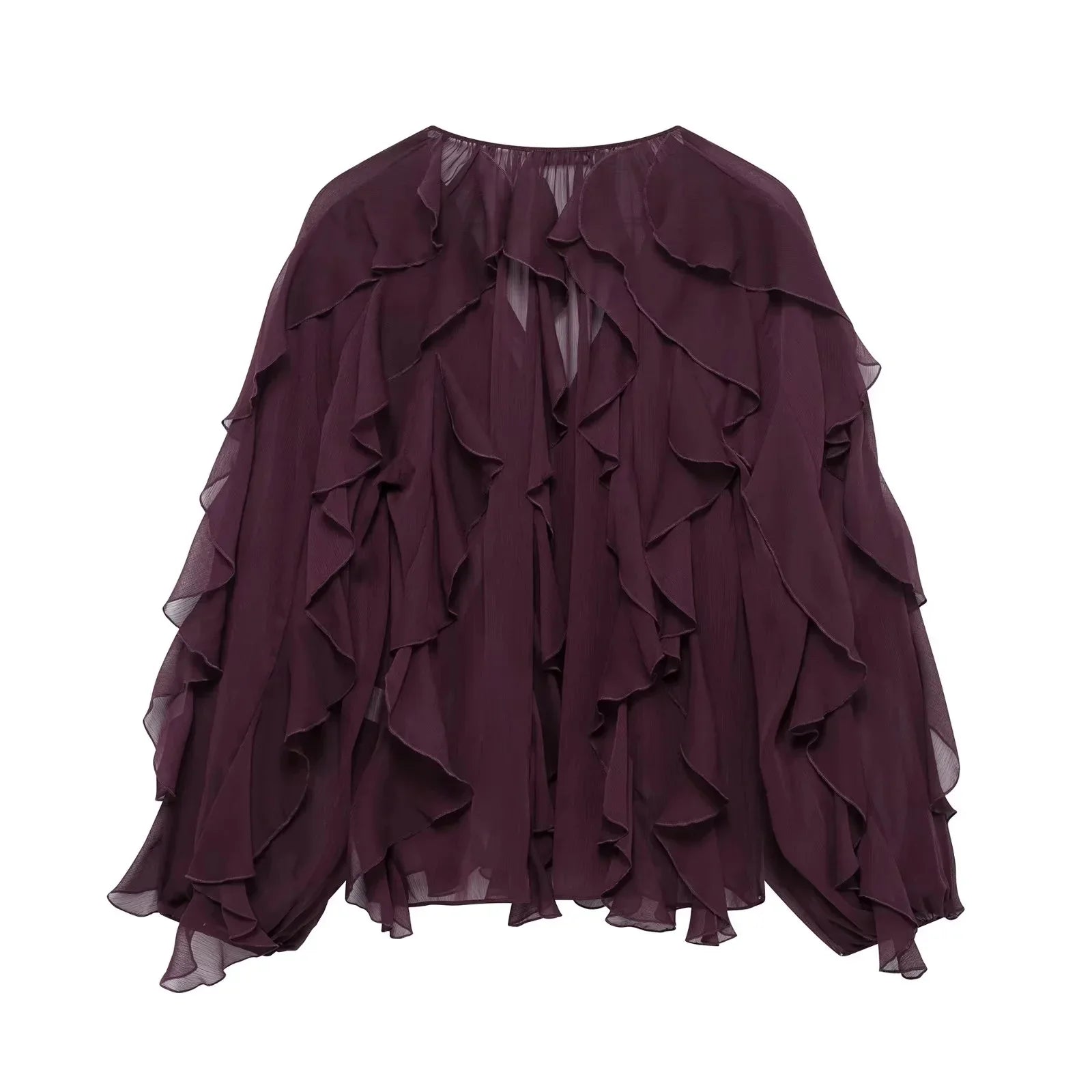 Burgundy Mesh Ruffle Blouse for Women Long Sleeve Sheer Loose Fit Elegant Party Top