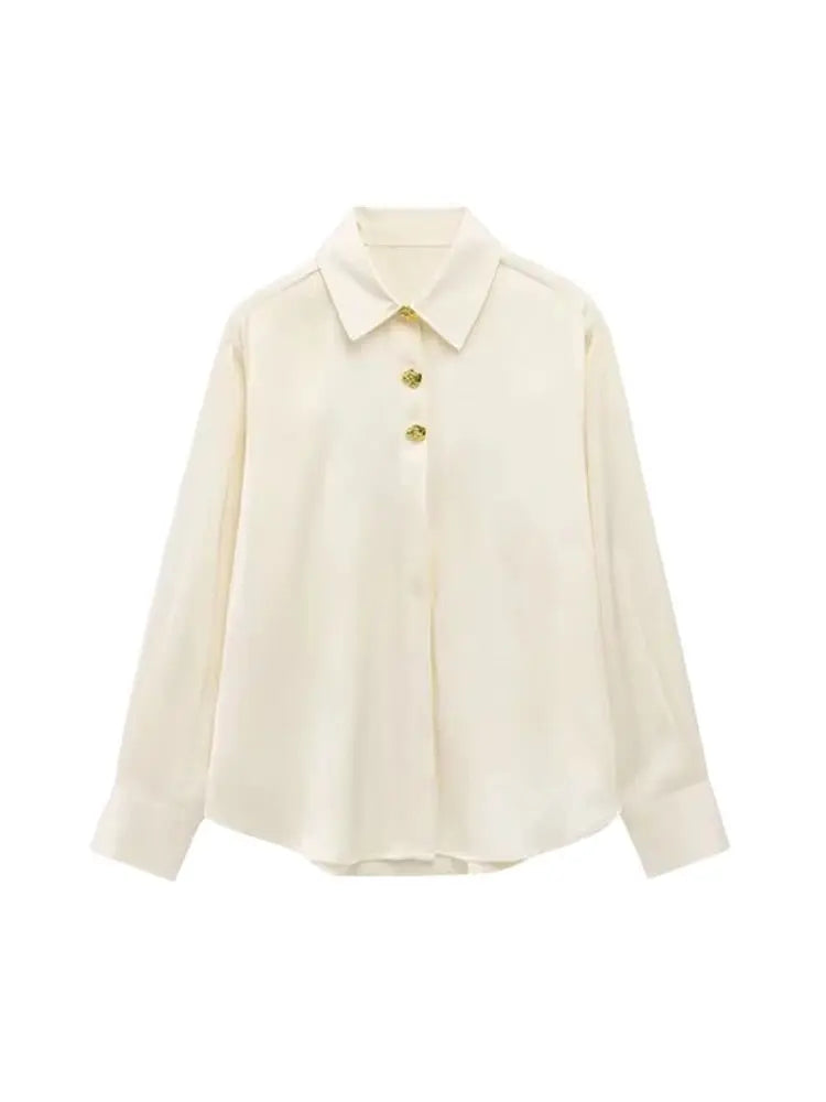 Long Sleeve Lapel Collar Blouse for Women with Fashion Gold Buttons Chic Elegant Office Shirt
