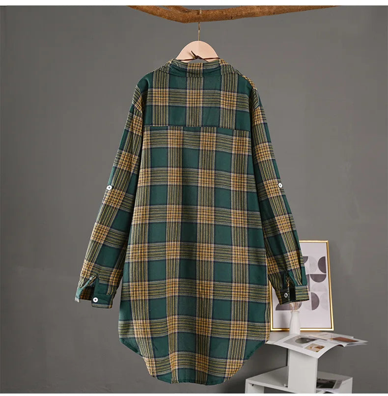 Women's Lightweight Cotton Linen Plaid Shirt Mid-Length Loose Jacket with Sun Protection for Spring and Summer Outerwear