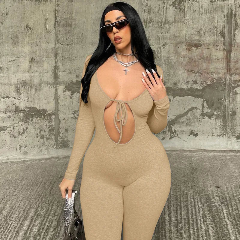 Solid V Neck Long Sleeve Hollow Out Lace Up Sexy Bodycon Jumpsuit Women's Fashion Streetwear Sporty Romper Overalls for Fall