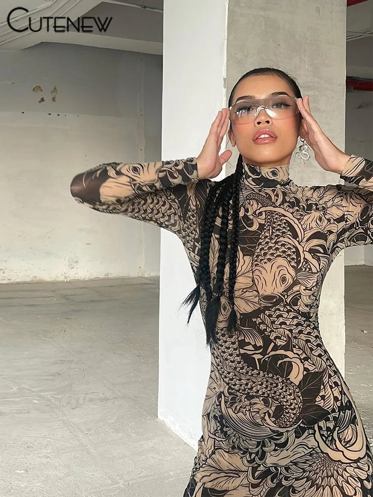 Elegant Long Sleeve Printed Maxi Dress With O Neck