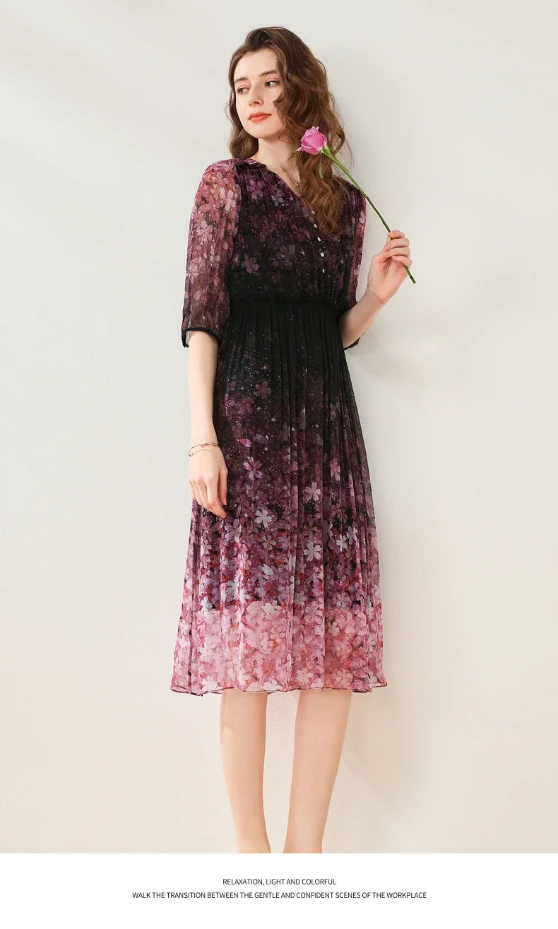 Purple Floral Chiffon Dress With V Neck And Lantern Sleeves