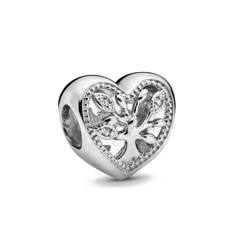 925 Sterling Silver Family Tree Heart Pendant Beads for DIY Bracelets