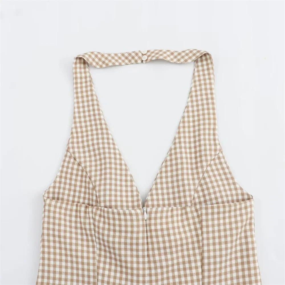 Chic Bow Checkered Dress With Hanging Neck Strap For Women