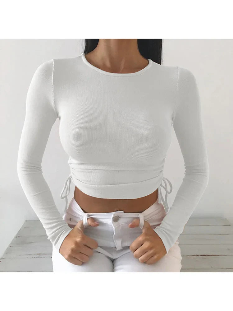 Sexy O-Neck Long Sleeve Bodycon Cropped Top with Irregular Drawstring Bandage Design for Women