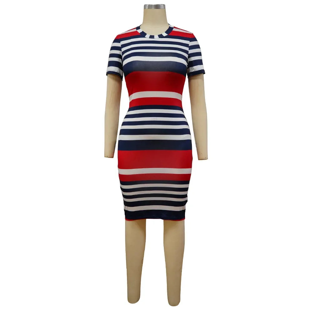 Summer Leaf Striped Print Bodycon Dress Knee Length