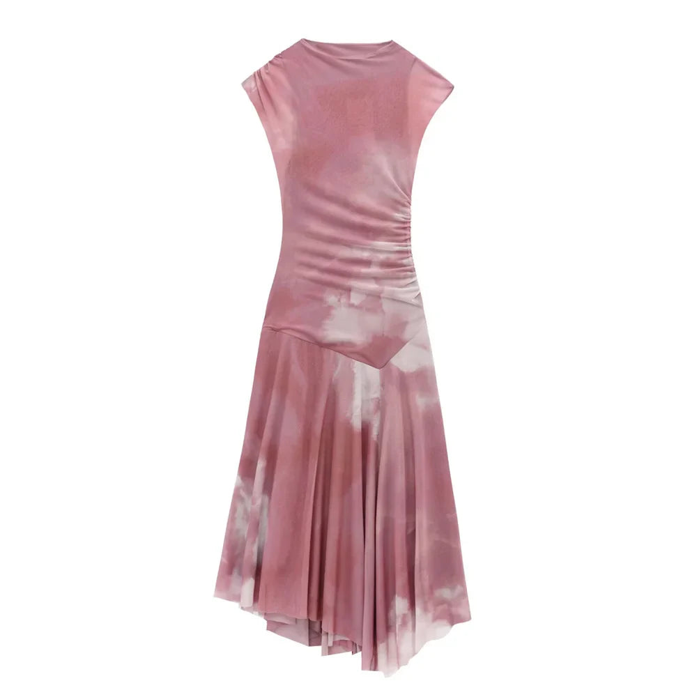 Pleated Silk Mesh Dress With Round Neck For Spring Summer
