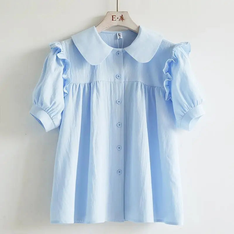 Blue Peter Pan Collar Single Breasted Short Sleeve Loose Fit Women's Blouse Shirt Lightweight Casual Top