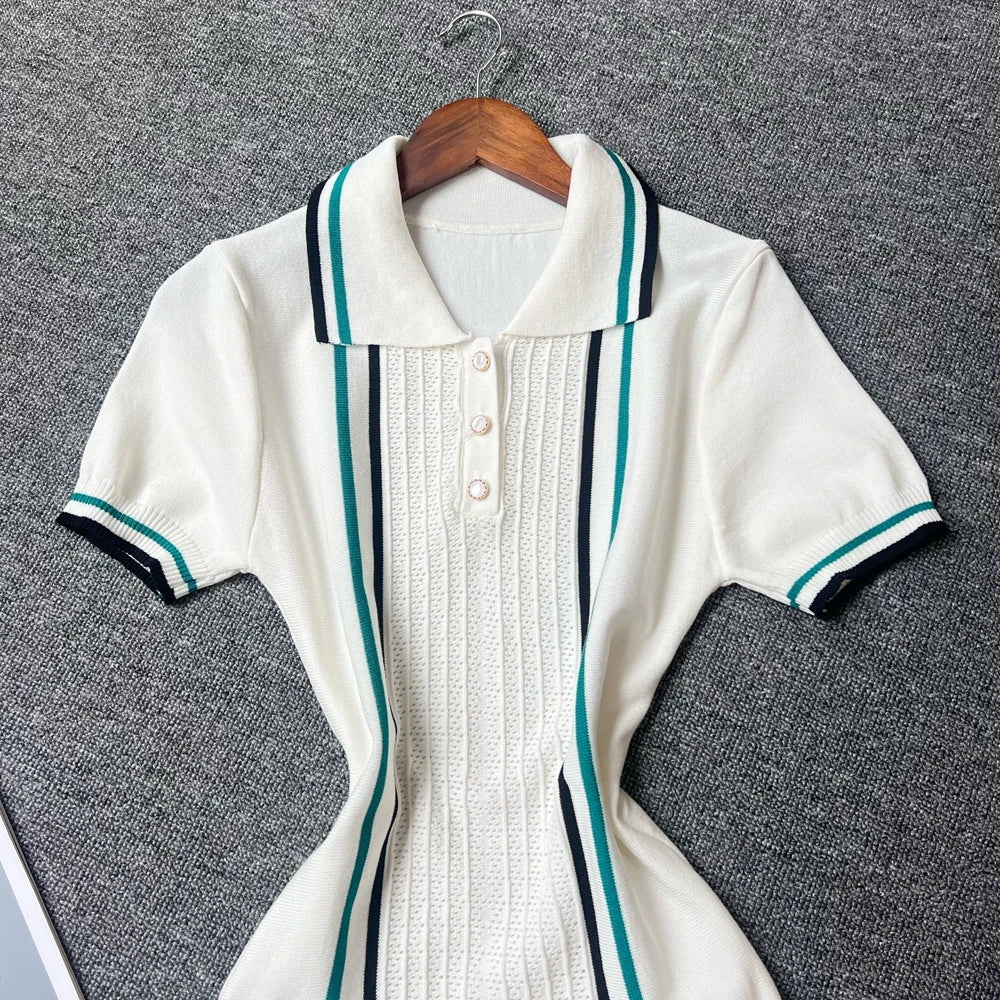 Vintage Knit Mini Dress With Turn Down Collar And Ruffles