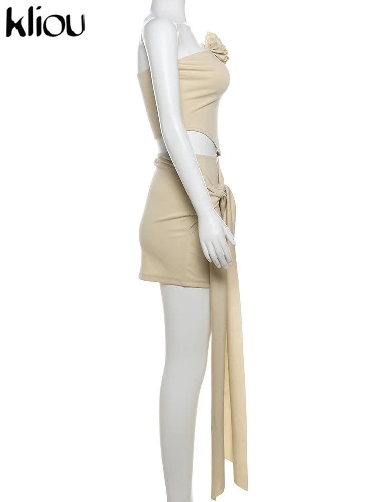 3D Floral Patchwork Two Piece Set for Women Slim Strapless Irregular Shape Top with Bandage Hip Skirt Stylish Holiday Outfit