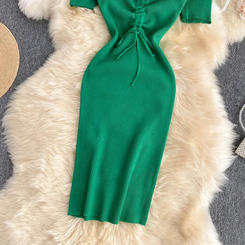 Korean Knit Bodycon Dress V Neck Drawstring Short Sleeves