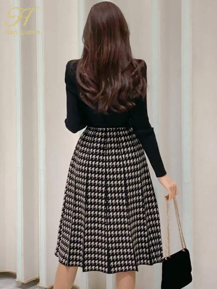 Winter Houndstooth Knit Dress Color Block Office Wear