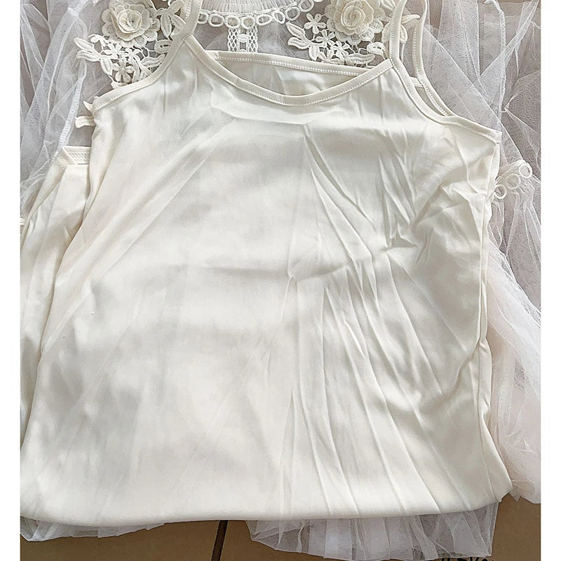 White Lace Mesh Dress With Lantern Sleeves For Women