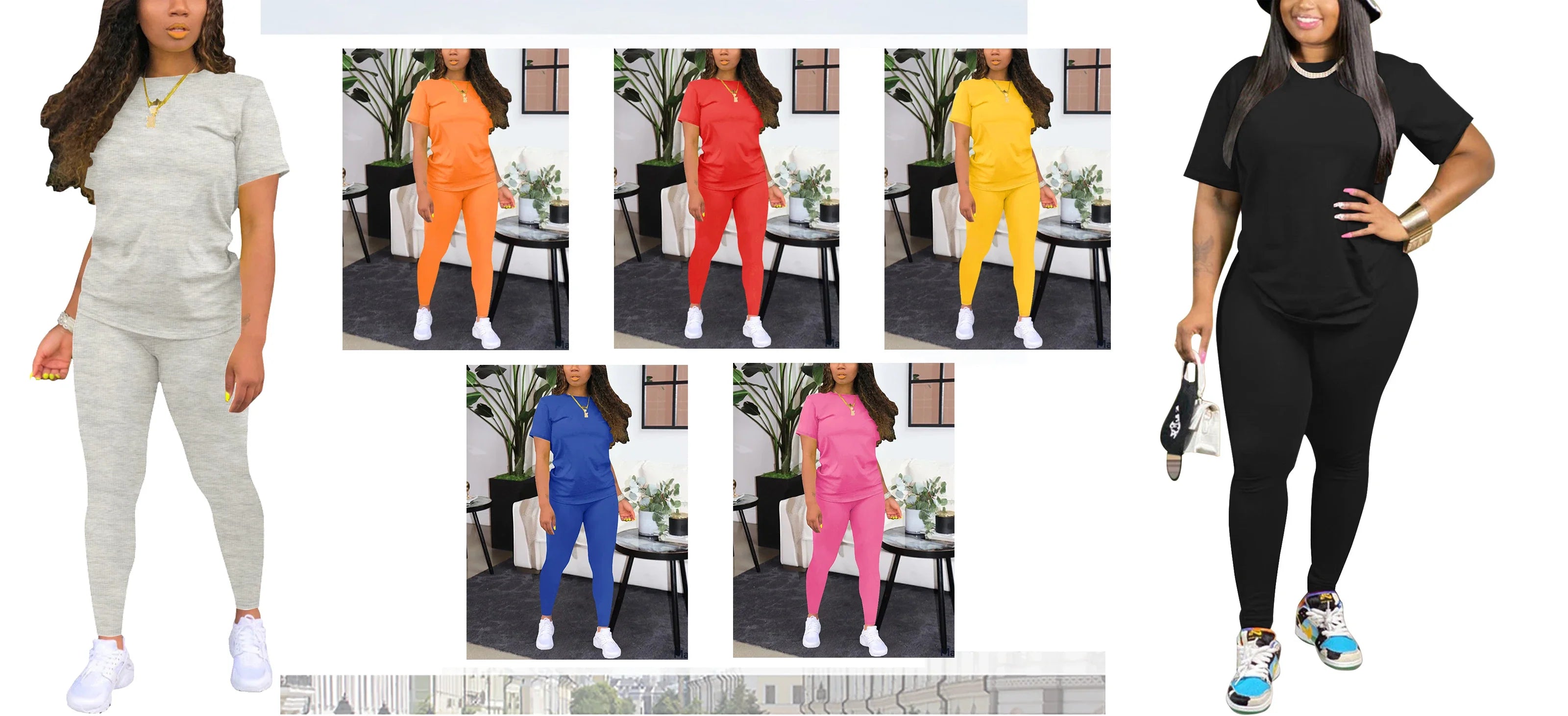 Women's Summer Two Piece Jogger Set with Short Sleeve Top and Matching Shorts