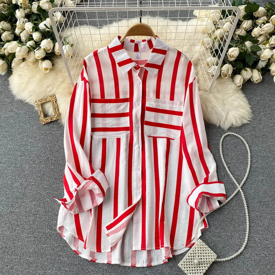 Elegant Medium Length Vertical Stripe Shirt Jacket for Women Casual Loose Fitting Korean Style Blouse