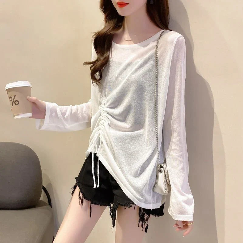 Rimocy Women Ice Silk Long Sleeve Sunscreen T Shirts for Summer Fashion with Drawstring Loose Fit